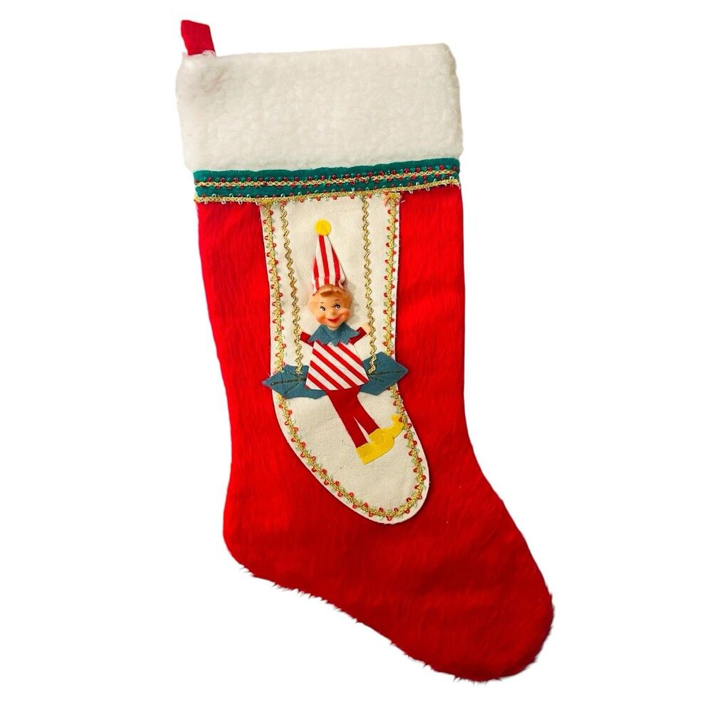 Red Felt 20" Christmas Stocking Rubber Face Elf Pixie Japan 50s